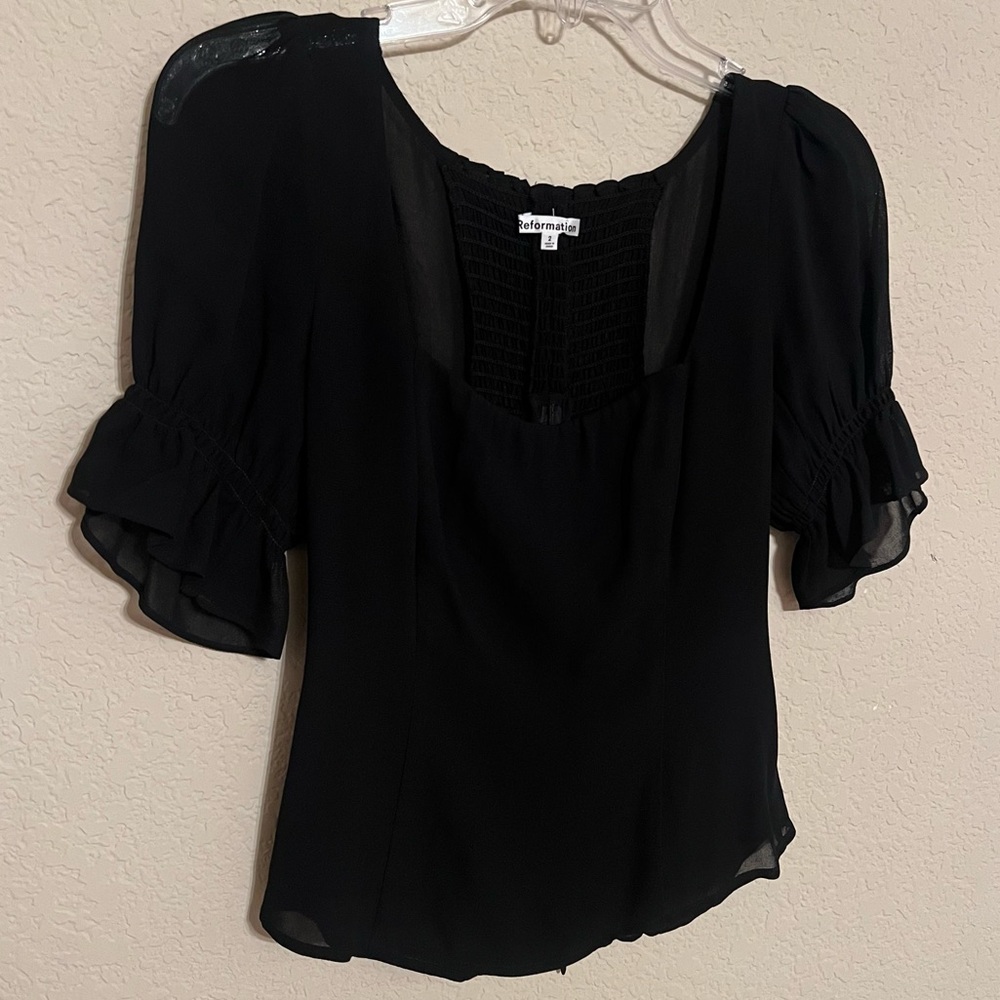 Reformation Black Puff Short Sleeve Sweetheart Blouse Top Size 2
